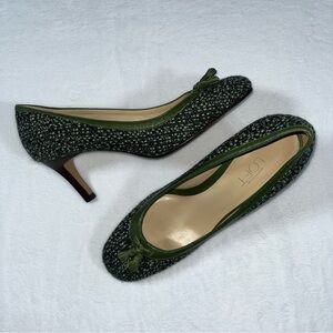 ANN TAYLOR Loft Tweed Leather Trim Tassel Pumps High Heels Shoes Green Size 7.5